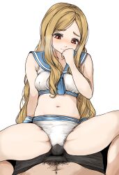 Rule 34 | 1boy, 1girl, blonde hair, blush, breasts, breath, bulge, closed mouth, commentary request, curly hair, embarrassed, erection, erection under clothes, gatsby ssl, girl on top, hair between breasts, hand on own face, hetero, highres, idolmaster, idolmaster cinderella girls, idolmaster cinderella girls starlight stage, long hair, looking at bulge, male pubic hair, male swimwear, medium breasts, mochizuki hijiri, navel, nose blush, pov, pubic hair, red eyes, sailor bikini, sailor collar, sailor swimsuit (idolmaster), simple background, sitting, sitting on person, spread legs, steam, swim trunks, teasing, white background