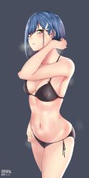 Rule 34 | 10s, 1girl, absurdres, artist name, bikini, black bikini, blue hair, blush, breasts, collarbone, commentary request, darling in the franxx, dated, green eyes, hair ornament, hairclip, hand on own hip, highres, ichigo (darling in the franxx), kuraken, looking at viewer, medium breasts, navel, parted lips, revision, short hair, side-tie bikini bottom, simple background, solo, standing, steaming body, stomach, sweat, swimsuit