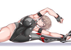 Rule 34 | 1girl, adapted costume, amatsu anri, bodysuit, boots, breasts, clenched hand, curvy, eyepatch, female focus, fighting stance, fingerless gloves, fingernails, flexible, gloves, green eyes, hakutakudan, highleg, highleg leotard, impossible bodysuit, impossible clothes, impossible leotard, large breasts, legs apart, leotard, lips, looking at viewer, looking back, revealing clothes, shiny clothes, shiny skin, sitting, skindentation, smile, solo, spread legs, stretching, taimanin (series), taimanin rpgx, taimanin suit, thong leotard, white background, wide hips