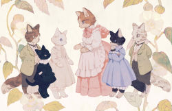 Rule 34 | animal, animal focus, apron, arms behind back, black cat, black pants, black shirt, bloomers, blue dress, blue eyes, bow, brown cat, cat, clothed animal, dress, floral background, flower, frilled apron, frilled dress, frilled shirt collar, frilled skirt, frills, green eyes, green jacket, hand to own mouth, hat, unworn hat, unworn headwear, jacket, long dress, long skirt, long sleeves, looking at another, no humans, original, pants, peter pan collar, pink bow, pink headwear, pink skirt, shirt, skirt, standing, tabby cat, tono (rt0no), underwear, vest, white apron, white cat, white dress