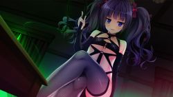 Rule 34 | 1girl, bare shoulders, blue eyes, blush, breasts, crossed legs, elbow gloves, eyebrows, fishnet legwear, fishnets, flat chest, game cg, gloves, legs, lingerie, long hair, looking at viewer, original, parted lips, purple hair, sakura no mori dreamers, sitting, smile, solo, table, thighs, twintails, underwear, whip, yamakaze ran
