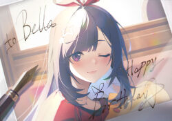Rule 34 | 1girl, a-soul, azusa hina, bella (a-soul), blue hair, blush, character name, chinese commentary, closed mouth, commentary request, hair ribbon, happy birthday, long hair, looking at viewer, one eye closed, pen, purple eyes, red ribbon, red shirt, ribbon, shirt, smile, solo, upper body