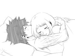 10s 1boy 1girl blush blush_stickers boku_no_hero_academia couple freckles greyscale hetero hug lying messy_hair midoriya_izuku monochrome on_bed scar short_hair sidelocks sleeping under_covers uraraka_ochako zunko