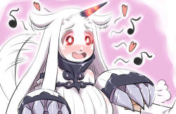 Rule 34 | 10s, 1girl, :d, abyssal ship, animal ears, bad id, bad pixiv id, blush, breasts, claws, colored skin, dog ears, dog tail, ear wiggle, heart, horns, kantai collection, kemonomimi mode, large breasts, long hair, looking at viewer, musical note, open mouth, pale skin, quaver, red eyes, ribbed sweater, seaport princess, smile, solo, sweater, tail, tail wagging, u-non (annon&#039;an), white hair, white skin