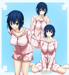 Rule 34 | 1girl, absurdres, artist request, blue background, blue eyes, blue hair, blush, breasts, ciel (tsukihime), highres, large breasts, looking at viewer, melty blood, short hair, shy, spread legs, squatting, sweater, thighs, tomboy, tsukihime