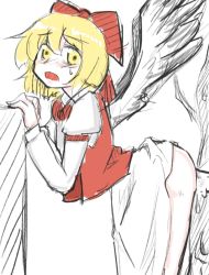 Rule 34 | anal, angel wings, artist request, ass, blonde hair, blush, bow, breasts, cum, gengetsu (touhou), jacket, long sleeves, looking at viewer, lotus land story, negataipa, open mouth, pale skin, rape, red jacket, sex, sex from behind, shirt, short hair, skirt, small breasts, sweat, thick thighs, thighs, touhou, touhou (pc-98), wall, white background, white shirt, white skirt, wings, yellow eyes