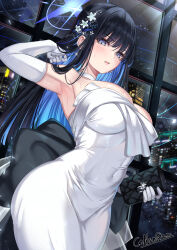 Rule 34 | 1girl, absurdres, arm up, armpits, bag, black hair, blue archive, blue halo, blunt bangs, breasts, cenangam, colored inner hair, covered navel, dress, elbow gloves, gloves, hair ornament, halo, hand in own hair, handbag, highres, holding, holding bag, long hair, multicolored hair, official alternate costume, saori (blue archive), saori (dress) (blue archive), strapless, strapless dress, white dress, white gloves