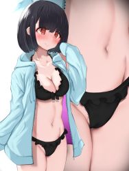 Rule 34 | 1girl, black hair, blue jacket, blunt bangs, blush, bob cut, breasts, cameltoe, cleavage, closed mouth, collarbone, cowboy shot, drawstring, dress, female pubic hair, frilled dress, frills, highres, jacket, long sleeves, medium breasts, navel, open clothes, open jacket, original, pubic hair, pubic hair peek, red eyes, rocha (aloha ro cha), short hair, simple background, sleeves past wrists, smile, solo, stomach, unzipped, white background, zoom layer