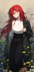 Rule 34 | 1girl, absurdres, bare shoulders, black bra, black coat, black nails, black skirt, blush, bra, brick wall, chamomile, coat, cropped legs, ear piercing, earrings, flower, high-waist skirt, highres, jewelry, long hair, long skirt, looking to the side, maenoo, nail polish, off shoulder, open clothes, open coat, original, piercing, red hair, ring, see-through, see-through shirt, shirt, single bare shoulder, skirt, sleeveless, sleeveless shirt, sleeveless turtleneck, sleeves past wrists, solo, standing, suspender skirt, suspenders, turtleneck, underwear, wall, white shirt, yellow eyes