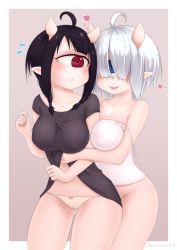 Rule 34 | 2girls, ahoge, black hair, black shirt, blue eyes, blush, breasts, character request, cyclops, eye contact, fang, frown, gluteal fold, grey hair, hair over eyes, heart, highres, horns, large breasts, looking at another, meiryo (horizon), monster girl, multiple girls, no bra, no panties, one-eyed, oni horns, open mouth, original, panties, pointy ears, red eyes, rei (meiryo (horizon)), shirt, simple background, standing, strap slip, sweatdrop, twitter username, underwear, white hair, white panties, yuri