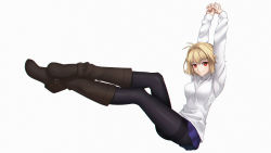 Rule 34 | 1girl, antenna hair, arcueid brunestud, arms up, belt boots, black pantyhose, blonde hair, blue skirt, boots, breasts, brown footwear, feet up, hair intakes, highres, k19, knee boots, legs together, long legs, looking at viewer, miniskirt, pantyhose, red eyes, shiny clothes, shiny legwear, short hair, simple background, sitting, skirt, smile, solo, sweater, thighband pantyhose, tsukihime, tsukihime (remake), turtleneck, turtleneck sweater, white sweater