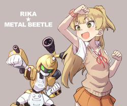 Rule 34 | + +, 1girl, :d, blonde hair, character name, clenched hand, commentary request, fang, gazacy (dai), green eyes, idolmaster, idolmaster cinderella girls, jougasaki rika, long hair, medarot, metabee, open mouth, orange skirt, outstretched arms, pleated skirt, robot, simple background, skirt, smile, sweater vest, two side up, v-shaped eyebrows, watch, wristwatch