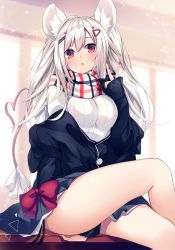 Rule 34 | 1girl, :o, animal ears, black jacket, blush, bow, breasts, commentary request, earrings, fingernails, grey skirt, hair between eyes, hair ornament, hairclip, hand up, heart, heart tail, highres, jacket, jewelry, kurebayashi noe, legs, long hair, long sleeves, looking at viewer, medium breasts, miniskirt, mouse ears, mouse tail, nail polish, off shoulder, open mouth, original, plaid, plaid scarf, red eyes, red nails, ribbed shirt, ribbon, scarf, shirt, sitting, skirt, sleeves past wrists, solo, tail, tail ornament, tail ribbon, v, white hair, white ribbon, white shirt