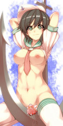 Rule 34 | 1girl, abs, anchor, arms behind head, arms up, between breasts, black hair, bottomless, breasts, censored, character censor, clothes lift, female focus, green eyes, groin, hat, large breasts, lily white, murasa minamitsu, navel, necktie, nipples, novelty censor, pussy juice, reverse outfit, sailor, sailor collar, sailor hat, shirt lift, short hair, smile, solo, symbol-shaped pupils, thighhighs, toned, touhou, tro (trombe), white thighhighs