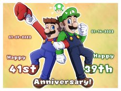 Rule 34 | 1-up mushroom, 2boys, anniversary, back-to-back, blue eyes, brothers, facial hair, full body, gloves, grin, hat, highres, looking at viewer, luigi, mario, mario (series), mario bros., multiple boys, mustache, nintendo, one eye closed, overalls, siblings, sideburns, smile, super mario bros. 1, wink