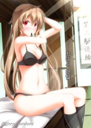 Rule 34 | 10s, 1girl, absurdres, blush, bra, breasts, brown hair, cleavage, highres, kantai collection, long hair, looking at viewer, mouth hold, murasame (kancolle), narukami ginryuu, navel, panties, red eyes, sitting, solo, translated, underwear, underwear only