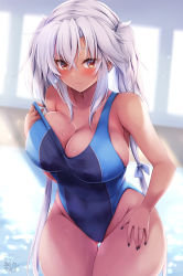 Rule 34 | 1girl, absurdres, black nails, blue one-piece swimsuit, blush, breasts, brown eyes, cleavage, closed mouth, collarbone, competition swimsuit, covered navel, dark-skinned female, dark skin, gluteal fold, highres, jewelry, kantai collection, large breasts, looking at viewer, mashiro yukiya, musashi (kancolle), musashi kai ni (kancolle), nail polish, one-piece swimsuit, partially submerged, pool, ring, silver hair, solo, strap pull, swimsuit, twintails, wavy mouth, wedding band, wet, wide hips