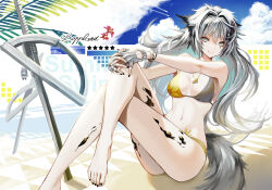 Rule 34 | 1girl, animal ears, arknights, barefoot, beach, bikini, black nails, blue sky, breasts, character name, charm (object), closed mouth, cloud, cloudy sky, crossed legs, feet, fingerless gloves, foot out of frame, gloves, grey eyes, grey gloves, grey hair, jewelry, lappland (arknights), legs, long hair, looking at viewer, material growth, medium breasts, nail polish, navel, necklace, oripathy lesion (arknights), outdoors, planted, planted sword, planted weapon, scar, scar across eye, sitting, sky, smile, solo, swimsuit, sword, tail, takechi akinobu, texas (arknights), toenail polish, toenails, toes, weapon, wolf ears, wolf girl, wolf tail, yellow bikini