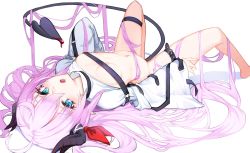 Rule 34 | 1girl, blood, blue eyes, highres, horns, looking at viewer, lying, mocha kura, navel, no bra, open clothes, open mouth, original, pink hair, simple background, solo, tail, thigh strap