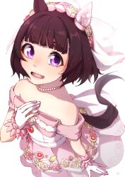 Rule 34 | 1girl, :d, absurdres, animal ears, bare shoulders, blunt bangs, bridal veil, bride, brown hair, collarbone, commentary, dress, ear covers, flat chest, flower, hair flower, hair ornament, hand on own chest, highres, horse ears, horse girl, horse tail, jewelry, looking at viewer, necklace, nishino flower (sweet juneberry) (umamusume), nishino flower (umamusume), official alternate costume, open mouth, pearl necklace, pink dress, purple eyes, short hair, simple background, single ear cover, smile, solo, strapless, strapless dress, tail, thin (suzuneya), umamusume, veil, wedding dress, white background