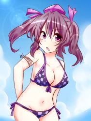 Rule 34 | 1girl, bikini, black hair, breasts, brown hair, checkered bikini, checkered clothes, chiya58, cleavage, cloud, day, female focus, front-tie top, hat, himekaidou hatate, large breasts, lens flare, long hair, navel, open mouth, purple eyes, side-tie bikini bottom, sky, solo, swimsuit, tokin hat, touhou, twintails
