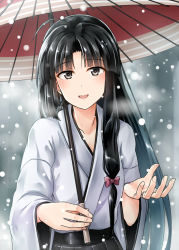 Rule 34 | 10s, 1girl, ahoge, black eyes, black hair, black skirt, brown eyes, hair ornament, hair ribbon, highres, holding, holding umbrella, japanese clothes, jewelry, kamelie, kantai collection, long hair, looking at viewer, low-tied long hair, oil-paper umbrella, open mouth, pleated skirt, ribbon, ring, shouhou (kancolle), skirt, smile, snow, snowing, solo, umbrella, wedding band