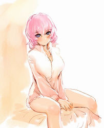 Rule 34 | 1girl, bow (bhp), breasts, naked shirt, original, own hands together, pink hair, purple eyes, shirt, sitting, sketch, solo
