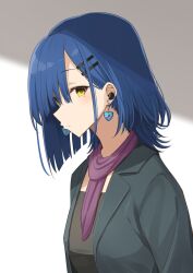Rule 34 | 1girl, aged up, blue hair, blush, bocchi the rock!, breasts, commentary, earbuds, earphones, earrings, expressionless, from side, green jacket, green shirt, grey eyes, hair between eyes, hair ornament, hairclip, highres, jacket, jewelry, kanaria hisagi, looking at viewer, looking to the side, medium breasts, medium hair, mole, mole under eye, open clothes, open jacket, profile, purple scarf, scarf, shirt, simple background, solo, upper body, yamada ryo, yellow eyes