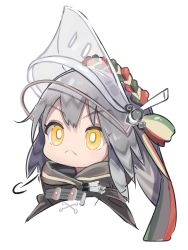 Rule 34 | &gt;:(, 1girl, absurdres, arknights, black jacket, chibi, closed mouth, commentary, copyright request, cropped torso, fartooth (arknights), frown, grey hair, highres, jacket, kurarome, long hair, portrait, simple background, solo, symbol-only commentary, transparent, v-shaped eyebrows, visor (armor), white background, yellow eyes