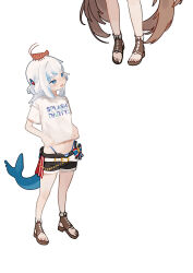 Rule 34 | 2girls, alternate costume, bare legs, black shorts, blue eyes, blue hair, clothes writing, fins, fish on head, fish tail, full body, gawr gura, hair ornament, highres, hololive, hololive english, kani fish, long hair, looking at another, midriff, multicolored hair, multiple girls, nanashi mumei, open mouth, sandals, shark girl, shark tail, shirt, short shorts, short sleeves, shorts, shrimp, simple background, smile, standing, streaked hair, t-shirt, tail, toes, two side up, very long hair, virtual youtuber, white background, white hair, white shirt