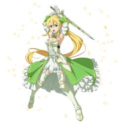 Rule 34 | 1girl, armor, armored boots, armpits, arms up, blonde hair, boots, breastplate, breasts, cleavage, detached sleeves, floating hair, full body, gloves, green eyes, hair between eyes, highres, holding, holding sword, holding weapon, layered skirt, leafa, leafa (terraria), long hair, looking at viewer, medium breasts, miniskirt, official art, open mouth, ponytail, skirt, solo, standing, sword, sword art online, sword art online: memory defrag, thigh boots, thighhighs, transparent background, very long hair, waist cape, weapon, white footwear, white gloves, white skirt