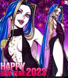 Rule 34 | 1girl, 2023, :d, arched back, arm behind back, arm tattoo, bare shoulders, black dress, blonde hair, blue hair, braces, breast tattoo, breasts, collarbone, dress, earrings, feet out of frame, fireworks, freckles, happy new year, highres, hip tattoo, jewelry, jinx (league of legends), koiarts, league of legends, long hair, medium breasts, multicolored hair, multiple views, new year, no bra, open mouth, pale skin, pink eyes, pink hair, red lips, shoulder tattoo, smile, star tattoo, tattoo, teeth, very long hair
