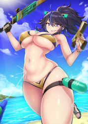 Rule 34 | 1girl, absurdres, animal ears, ao madoushi, beach, bikini, black hair, blue eyes, blue hair, breasts, cleavage, fake animal ears, gloves, highres, holding, holding sword, holding water gun, holding weapon, kson, large breasts, mole, mole under eye, multicolored hair, ponytail, single glove, skindentation, solo, swimsuit, sword, tattoo, breast tattoo, thick thighs, thigh strap, thighs, two-tone hair, virtual youtuber, vshojo, water, water gun, weapon