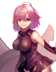 Rule 34 | 1girl, ahoge, arm guards, armor, armored leotard, bare shoulders, black leotard, closed mouth, cowboy shot, detached sleeves, hair between eyes, highres, impossible clothes, impossible leotard, leotard, looking at viewer, mash kyrielight, pink hair, purple eyes, shield, short hair, signature, simple background, smile, solo, standing, ukimesato, white background