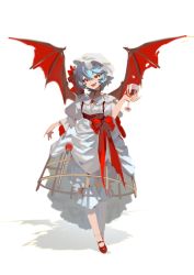 Rule 34 | 1girl, absurdres, adapted costume, ambiguous red liquid, bat wings, bloomers, blue hair, bow, bow bloomers, brooch, choker, commentary, crinoline, cup, dress, drinking glass, fang, harrymiao, hat, hat ribbon, highres, holding, holding cup, jewelry, looking at viewer, mary janes, mob cap, open mouth, puffy short sleeves, puffy sleeves, red bow, red eyes, red footwear, red ribbon, red wings, remilia scarlet, ribbon, shoes, short hair, short sleeves, smile, solo, touhou, underwear, waist bow, white background, white dress, white hat, wine glass, wings