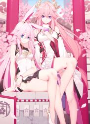 Rule 34 | 2girls, animal ears, blue eyes, blue sky, blurry, blurry background, breasts, cherry blossoms, china dress, chinese clothes, closed mouth, company connection, detached sleeves, dress, earrings, fox ears, genshin impact, hair ornament, high heels, highres, honkai (series), honkai impact 3rd, japanese clothes, jewelry, long hair, looking at viewer, mihoyo, multiple girls, name connection, nami qi, nontraditional miko, outdoors, pink hair, sakura ayane, sitting, sky, smile, trait connection, voice actor connection, white dress, white footwear, white sleeves, yae miko, yae sakura