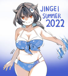 Rule 34 | 1girl, 2022, adapted costume, alternate color, artist name, bikini, black hair, blue background, blue bikini, breasts, character name, chougei (kancolle), chougei (kancolle) (cosplay), commentary request, cosplay, cowboy shot, dated, gradient background, hair flaps, hair ornament, hairclip, jingei (kancolle), kantai collection, kirisawa juuzou, large breasts, long hair, low ponytail, red eyes, solo, swimsuit, white background, wide hips