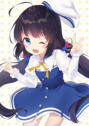 Rule 34 | 10s, 1girl, ;d, ahoge, beret, blue dress, blue eyes, blush, brown hair, commentary request, double v, dress, gyozanuko, hands up, hat, highres, hinatsuru ai, layered sleeves, long hair, long sleeves, looking at viewer, low twintails, one eye closed, open mouth, puffy short sleeves, puffy sleeves, ryuuou no oshigoto!, school uniform, short over long sleeves, short sleeves, smile, solo, twintails, unworn hat, unworn headwear, v, very long hair, white background, white hat