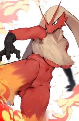 Rule 34 | 1girl, blaziken, blue eyes, breasts, claws, creatures (company), fewer digits, fighting stance, fire, furry, furry female, game freak, gen 3 pokemon, groin, highres, kicking, large breasts, muscular, muscular female, navel, nintendo, pokemon, pokemon (creature), pyoin pyoin, serious, simple background, solo, standing, standing on one leg, white background