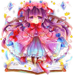 Rule 34 | 1girl, book, bow, bowtie, colorized, crescent, crescent hair ornament, embroidery, hair ornament, hair ribbon, hat, highres, long hair, marker (medium), mina (sio0616), mob cap, open book, pajamas, patchouli knowledge, purple eyes, purple hair, ribbon, solo, touhou, traditional media, tress ribbon, very long hair