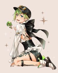 Rule 34 | 1girl, :d, asymmetrical hair, backless outfit, bad id, bad pixiv id, baseball cap, black hat, black nails, black shorts, blue eyes, boots, bustier, earrings, from side, full body, green hair, grey background, hat, highres, jewelry, kisa (kisa-kisa5900), looking at viewer, macross, macross delta, nail polish, open mouth, pointy ears, reina prowler, shirt, short hair, short shorts, shorts, shoulder blades, simple background, sitting, skull, smile, solo, tattoo, thigh strap, wariza, white footwear, white shirt