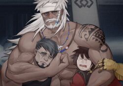Rule 34 | &gt; &lt;, 3boys, arm hair, arms around neck, bara, beard, black tank top, braid, character request, chest hair, clenched teeth, dark-skinned male, dark skin, facial hair, final fantasy, final fantasy xiv, frown, glasses, goatee, headband, highres, hyur, jewelry, jitome, large pectorals, long hair, looking at viewer, lyon rem helsos, male focus, mature male, multiple boys, muscular, muscular male, mustache, necklace, notesonlyonpii, old, old man, pectorals, scar, scar across eye, scar on face, scar on nose, side braid, single braid, tank top, teeth, tooth necklace, tribal, upper body, warrior of light (ff14), white hair, white headband