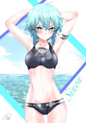 1girl absurdres alternate_costume aqua_eyes arm_strap armpits arms_behind_back arms_up bikini black_bikini blue_hair blush breasts breasts_apart character_name closed_mouth collarbone commentary_request cowboy_shot goggles goggles_around_neck groin hair_between_eyes hair_ornament hairclip highres light_frown looking_at_viewer maximum7010 medium_breasts navel ocean signature sinon solo standing stomach swim_goggles swimsuit sword_art_online wet