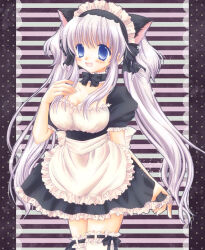 Rule 34 | 1girl, 2000s (style), :d, animal ears, apron, back bow, black bow, black bowtie, black choker, black dress, blue eyes, blush, bow, bowtie, breasts, cat ears, choker, cleavage, collarbone, dress, frilled apron, frilled choker, frilled sleeves, frills, grey hair, hand up, long hair, mabinogi, maid, maid apron, maid headdress, medium breasts, nao (mabinogi), open mouth, puffy short sleeves, puffy sleeves, ribbon-trimmed legwear, ribbon trim, shararan, short sleeves, sidelocks, smile, standing, thighhighs, twintails, very long hair, white apron, white bow, white thighhighs, zettai ryouiki
