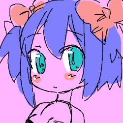 Rule 34 | 1girl, 4chan, blue eyes, blue hair, blush, blush stickers, bow, breasts, bury pink gril, cleavage, colored skin, drawfag, hair between eyes, hair bow, lowres, medium breasts, pink background, pink skin, red bow, s4s (4chan), short hair, sidelocks, smile, solo