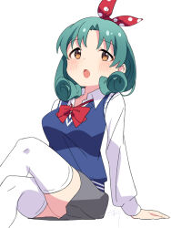 Rule 34 | 1girl, arm support, blue vest, blush, bow, bowtie, breasts, brown eyes, check commentary, commentary request, crossed legs, curly hair, green hair, grey skirt, hair ribbon, idolmaster, idolmaster million live!, invisible chair, koma tori, long sleeves, looking ahead, medium breasts, medium hair, open collar, open mouth, polka dot, polka dot ribbon, red bow, red bowtie, red ribbon, ribbon, school uniform, shirt, sitting, skirt, solo, thighhighs, thighs, tokugawa matsuri, vest, white background, white shirt, white thighhighs