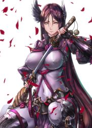 Rule 34 | 1girl, animal print, armor, black gloves, bodysuit, breasts, closed mouth, commentary request, covered erect nipples, covered navel, curvy, falling petals, fate/grand order, fate (series), feather hair ornament, feathers, fingerless gloves, gloves, hair ornament, highres, holding, holding sword, holding weapon, japanese armor, katana, large breasts, loincloth, long hair, looking at viewer, low-tied long hair, minamoto no raikou (fate), nina (ninageya), parted bangs, pelvic curtain, petals, purple bodysuit, purple hair, ribbed sleeves, rope, sheath, solo, squatting, suneate, sword, tabard, tiger print, unfinished, unsheathing, very long hair, weapon, yellow eyes