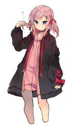 Rule 34 | 1girl, black choker, black coat, choker, closed mouth, coat, cropped legs, grey pantyhose, hair ribbon, hand up, highres, holding, holding own hair, hood, hoodie, ikeuchi tanuma, long sleeves, looking at viewer, medium hair, multicolored hair, open clothes, open coat, original, pantyhose, pink hair, pink hoodie, red ribbon, ribbon, simple background, single leg pantyhose, solo, standing, streaked hair, twintails, white background