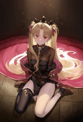 Rule 34 | 1girl, arm behind back, asymmetrical legwear, asymmetrical sleeves, between breasts, black dress, black thighhighs, blonde hair, blush, breasts, cape, closed mouth, dress, earrings, ereshkigal (fate), fate/grand order, fate (series), gold trim, highres, hood, hooded cape, hoop earrings, infinity symbol, jewelry, long hair, long sleeves, looking at viewer, medium breasts, necklace, off shoulder, parted bangs, red cape, red eyes, siino, single sleeve, single thighhigh, sitting, skull, solo, spine, spotlight, thighhighs, thighs, tiara, two side up, uneven legwear, uneven sleeves, wariza
