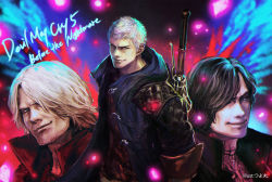 Rule 34 | 3boys, black coat, black hair, blue coat, blue eyes, capcom, closed mouth, coat, dante (devil may cry), devil may cry (series), devil may cry 5, english text, facial hair, glowing, grey eyes, hair over one eye, jewelry, male focus, medium hair, multiple boys, necklace, nero (devil may cry), official art, red coat, red shirt, shirt, signature, sleeves rolled up, smile, standing, sword, tattoo, tsuyomaru, v (devil may cry), weapon, weapon on back, white hair, zipper